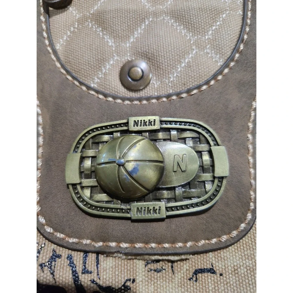 Tan Khaki Canvas Backpack Silhouette Print Multi Pocket Travel Bag